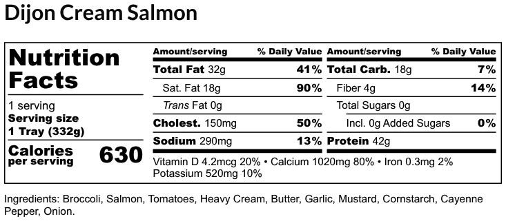 Nutritional Facts - Dijon Cream Salmon 6oz